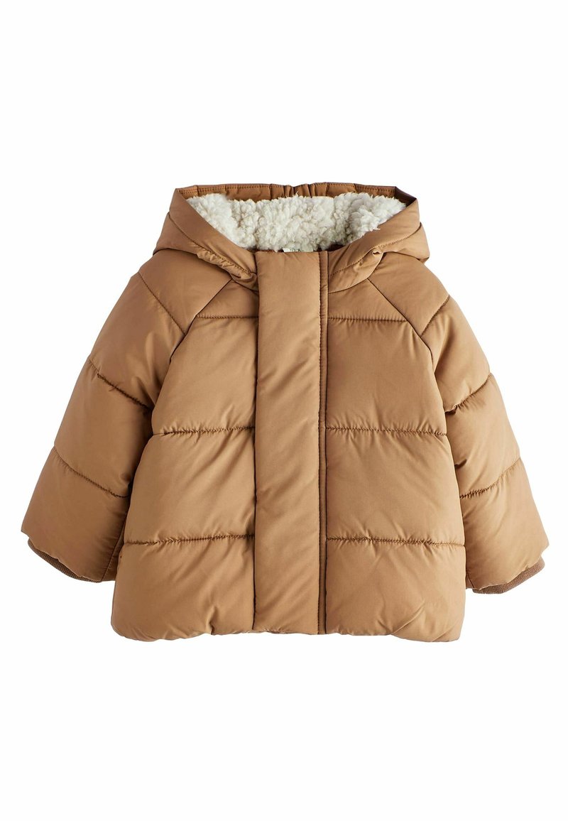 Brun pufferjacka med huva, som har en mjuk, vit fleecefoder, quiltat mönster och elastiska ärmslut för värme och komfort.