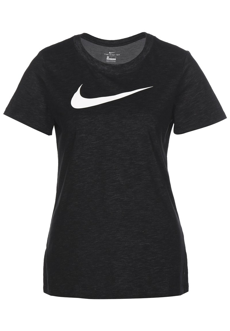Camiseta negra de manga corta en una tela suave y ligera que presenta el logo de Nike en blanco en el pecho, cuello redondo y corte relajado.