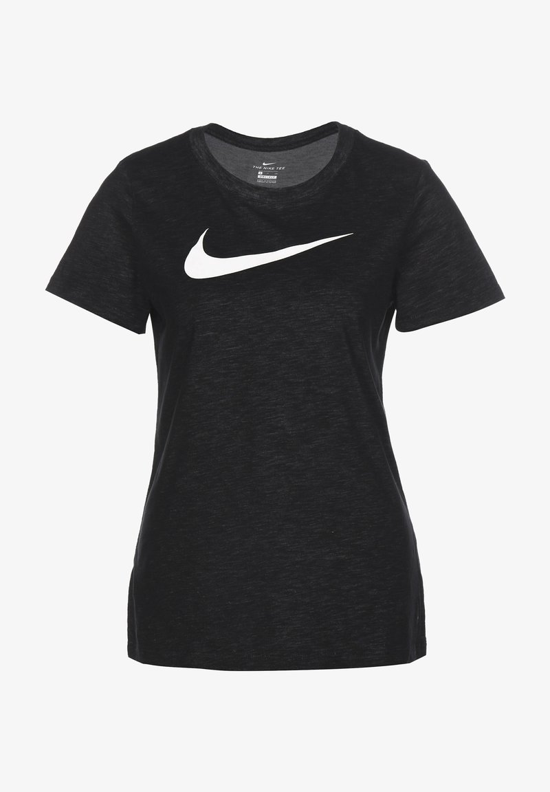 Camiseta negra de manga corta en una tela suave y ligera que presenta el logo de Nike en blanco en el pecho, cuello redondo y corte relajado.