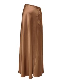 Jupe midi en satin soyeux marron avec une taille haute et une légère coupe évasée en A, présentée sur un fond blanc.