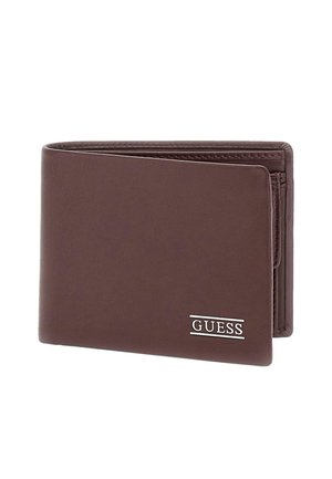 Brown leather wallet with a sleek design, featuring a silver "GUESS" logo and multiple card slots. Compact, with a smooth texture.