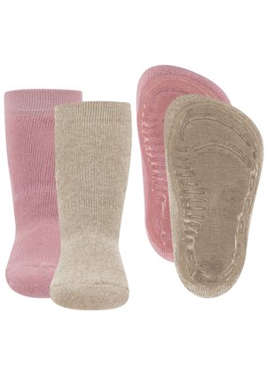 Zwei Paare rutschfester Babysocken in Pink und Beige, die sowohl die Vorderseite als auch die Sohle mit strukturierten Griffigkeiten zeigen.