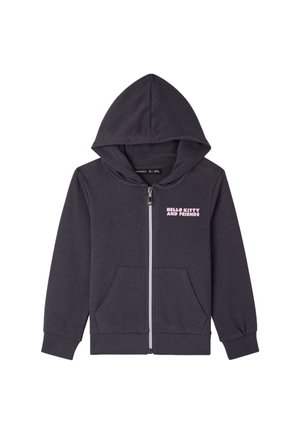 Felpa con zip di colore grigio scuro, realizzata in tessuto morbido, dotata di tasca frontale e cappuccio, con il testo "HELLO KITTY E AMICI" in rosa sul petto.