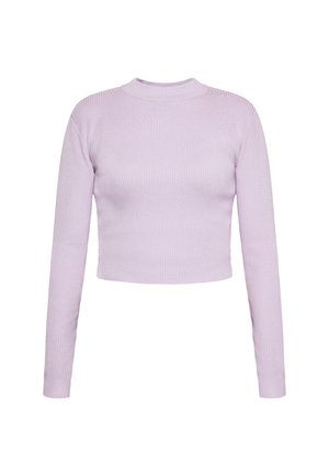 Pull cropped à manches longues lilas en tissu côtelé avec un design ajusté et un col montant. Présente une texture lisse et des bords nets.
