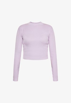 Lila langärmliger cropped Pullover aus Rippstoff mit einer figurbetonten Passform und hohem Kragen. Verfügt über eine glatte Struktur und saubere Kanten.