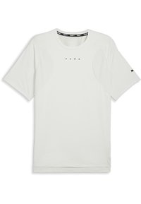 Camiseta blanca de manga corta con cuello redondo, que presenta paneles de malla y un logo negro "PUMA" en el centro, además de detalles en negro en las mangas.