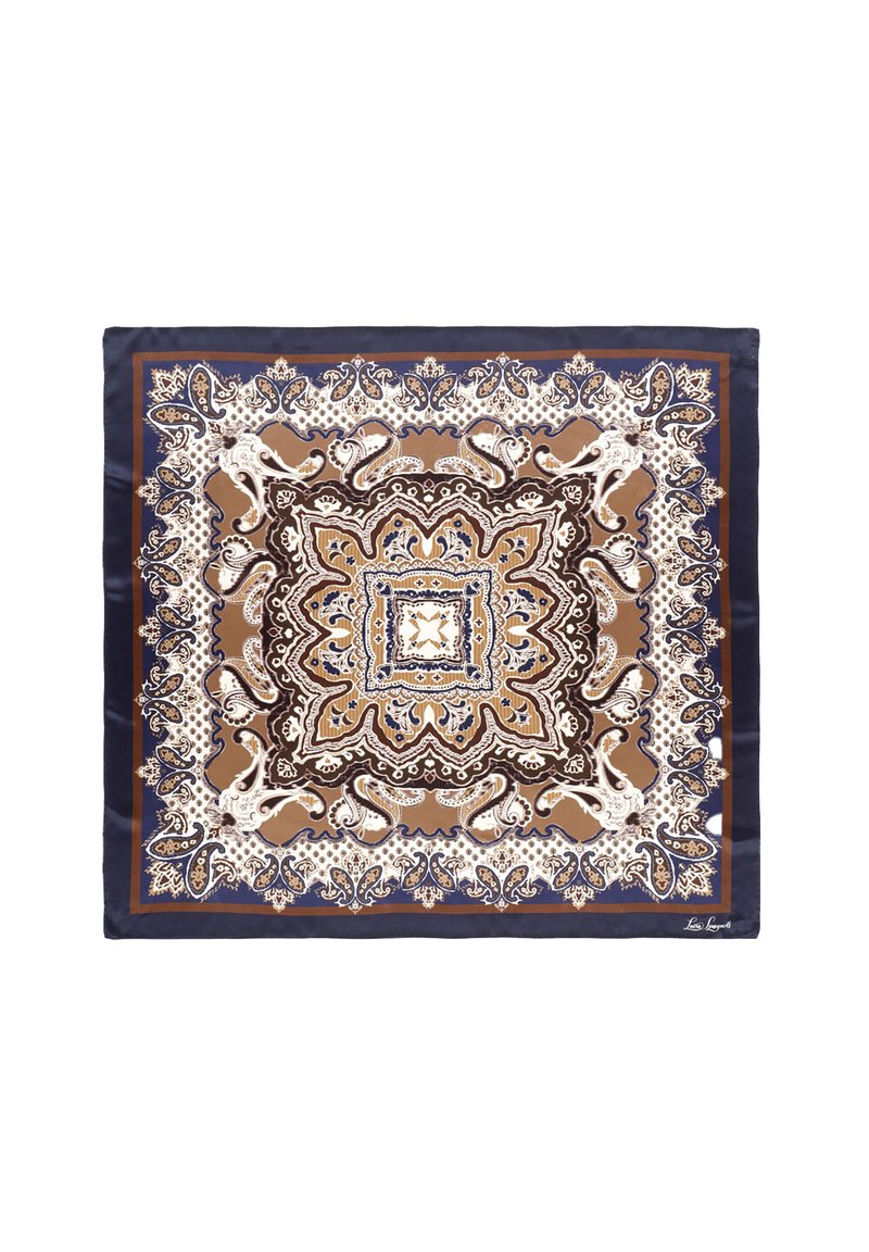 Zīda šalle ar sarežģītiem paisley un ziedu rakstiem brūnā, zilā un krēmkrāsā, ar tumši zilu malu un gludu tekstūru.