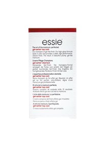 Emballage du top coat Gel-Setter d'Essie, fond blanc, accents rouges, texte multilingue, mise en page informative, dotée d'une étiquette colorée et brillante.