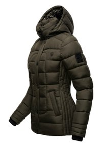 Olive green padded jacket with a hood, featuring a zip and button closure, side pockets, ribbed cuffs, and a logo patch on the sleeve.