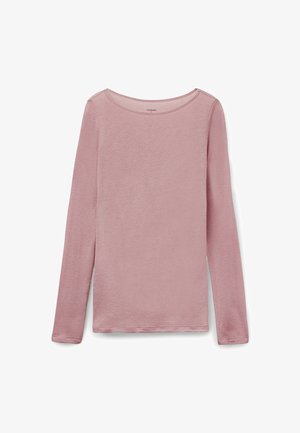 Bluzka z długim rękawem w jasnoróżowym kolorze, z okrągłym dekoltem i miękkim, teksturowanym materiałem, o lekko luźnym kroju i bocznych rozcięciach u dołu.