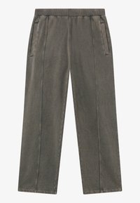 Grå, bredbenede bukser i et glat, struktureret stof. Har en strækbar talje og sidelommer, med rene linjer og minimal detaljer.