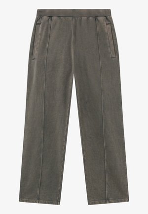 Grijze, wijde broek met een soepele, gestructureerde stof. Heeft een rekbare tailleband en zijzakken, met strakke lijnen en minimale details.