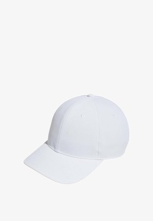 White baseball cap with a textured fabric, a flat brim, and six ventilation eyelets, featuring a rounded crown and a smooth finish.