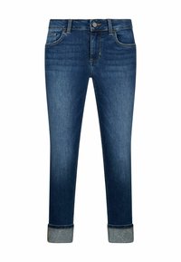 Jean en denim bleu marine, coupe slim, avec un ourlet roulé et un motif décoratif argenté sur l'ourlet. Design classique à cinq poches.