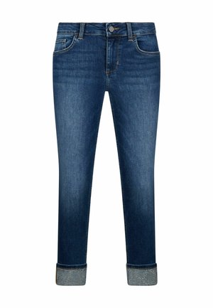 Jeans in denim blu scuro con vestibilità slim, dotati di un orlo arrotolato e un motivo decorativo argentato sulla parte finale. Design classico a cinque tasche.