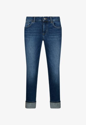 Dunkelblaue Denim-Jeans mit slim fit, featuring eine umgeschlagene Saum und ein dekoratives silbernes Muster am Saum. Klassisches Fünf-Taschen-Design.