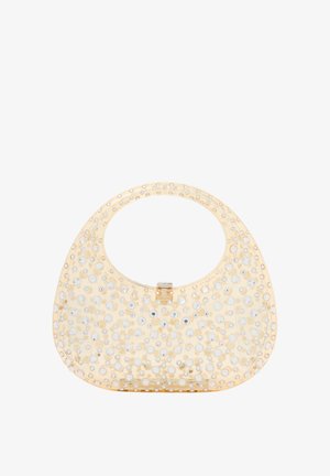 Przezroczysta plastikowa torebka o zaokrąglonym kształcie, ozdobiona licznymi małymi srebrnymi cyrkoniami; posiada zapięcie na górze oraz szeroki uchwyt.