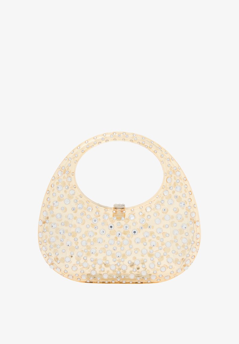 Gennemsigtig plastik håndtaske med en rund form, dekoreret med talrige små sølv rhinsten; har en topklap-lukning og et bredt håndtag.