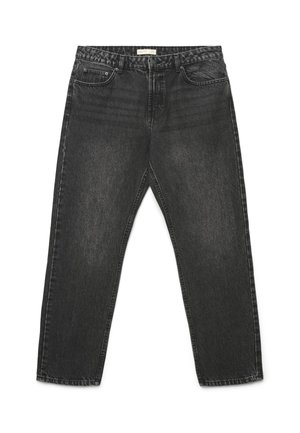 Jean en denim noir délavé avec cinq poches, passants de ceinture et fermeture par bouton, posé à plat sur un fond blanc.