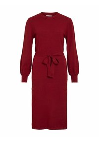 Sukienka dzianinowa w głębokim odcieniu czerwieni, z długimi rękawami i dopasowanymi mankietami, okrągłym dekoltem oraz paskiem w talii umożliwiającym regulację dopasowania.