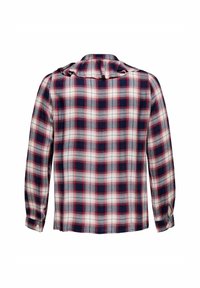 Camicia a quadri con linee orizzontali e verticali in rosso, blu navy e bianco. Maniche lunghe con polsini a bottone e dettaglio arricciato sul retro.