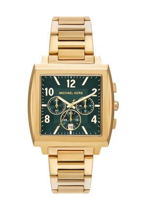 Złoty zegarek Michael Kors z kwadratową kopertą, zieloną tarczą, trzema podtarczami, okienkiem daty na godzinie szóstej oraz metalową bransoletą.