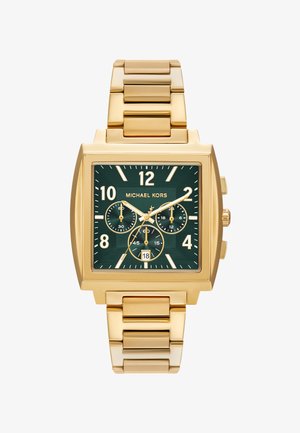 Złoty zegarek Michael Kors z kwadratową kopertą, zieloną tarczą, trzema podtarczami, okienkiem daty na godzinie szóstej oraz metalową bransoletą.