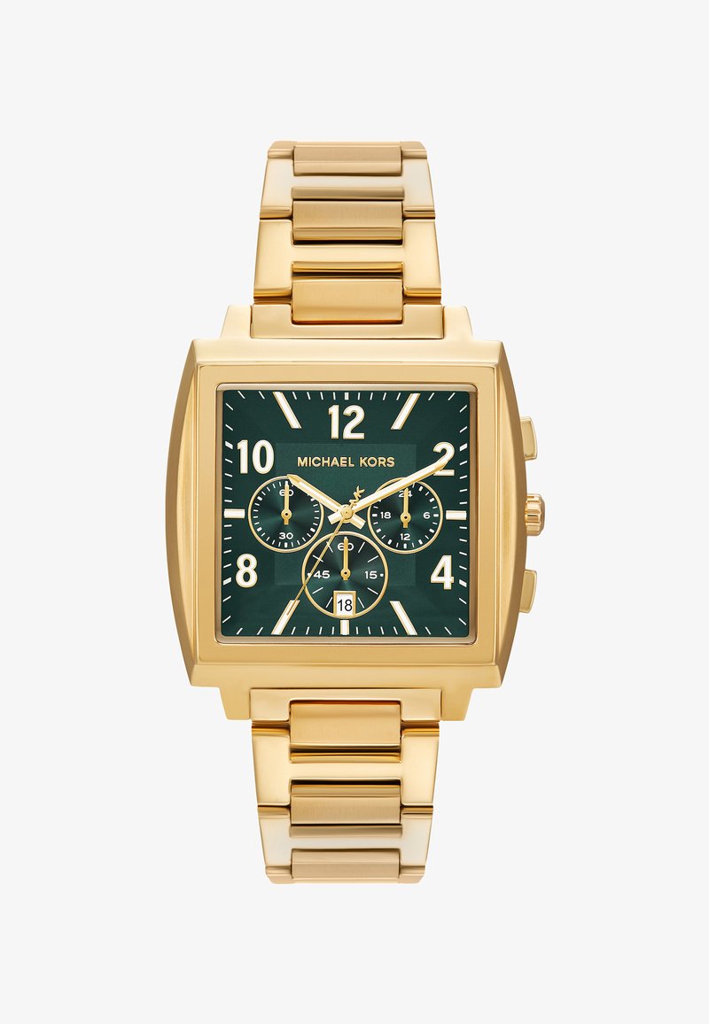 Goldene Michael Kors Uhr mit quadratischem Zifferblatt, grünem Zifferblatt, drei Hilfszifferblättern, Datumsfenster bei 6 Uhr und verbundenem Metallarmband.