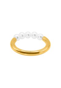 Goldfarbener Ring mit einem glatten, abgerundeten Band, das mit fünf glänzenden weißen Perlen gleichmäßig entlang der Oberseite geschmückt ist.