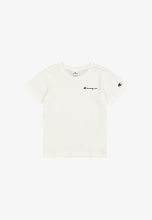 Camiseta de algodón blanca con mangas cortas. Presenta un pequeño logo bordado de Champion en el pecho y otro logo adicional en la manga.
