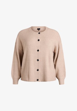 Bēšs ribots kardigans no mīksta materiāla ar apaļu kakla izgriezumu un sešām melnām pogām priekšpusē. Brīvs piegriezums ar gariem piedurknēm.