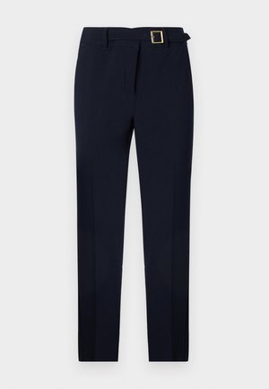 Navy blue trousers made of smooth fabric, featuring a straight cut, belt loops, and a gold square buckle accent.