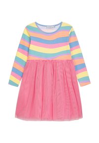 Gestreiftes langärmliges Kleid mit pastellfarbenen Tönen (blau, gelb, pink) oben und einem rosa Tüllrock. Weicher gerippter Stoff und geraffte Taille.