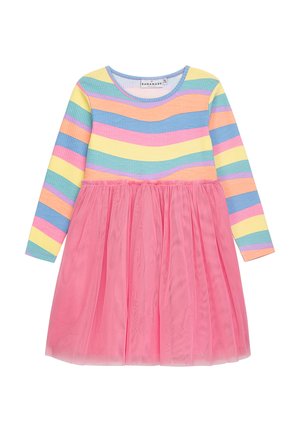 Gestreiftes langärmliges Kleid mit pastellfarbenen Tönen (blau, gelb, pink) oben und einem rosa Tüllrock. Weicher gerippter Stoff und geraffte Taille.