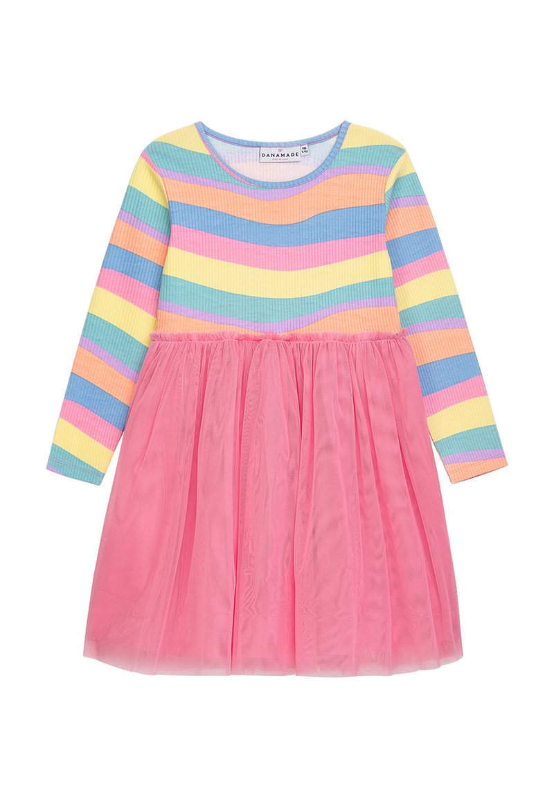 Gestreiftes langärmliges Kleid mit pastellfarbenen Tönen (blau, gelb, pink) oben und einem rosa Tüllrock. Weicher gerippter Stoff und geraffte Taille.