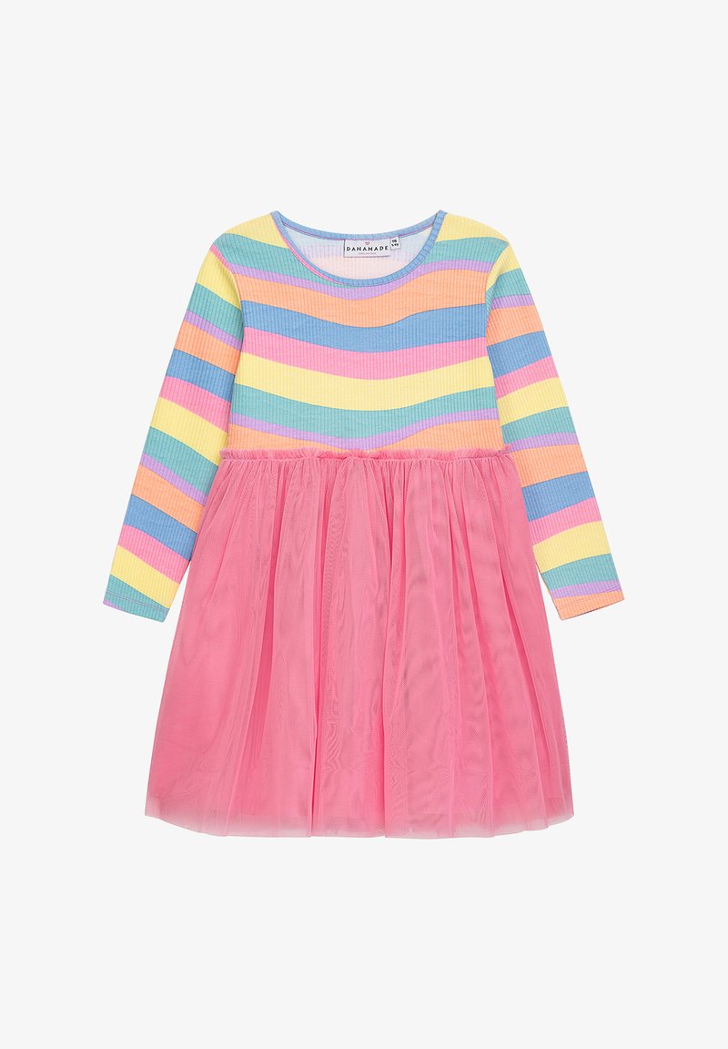 Gestreiftes langärmliges Kleid mit pastellfarbenen Tönen (blau, gelb, pink) oben und einem rosa Tüllrock. Weicher gerippter Stoff und geraffte Taille.