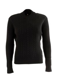 Pull en tricot noir avec un col montant, doté d'une texture côtelée et de motifs en maille torsadée. Manches longues et coupe ajustée.