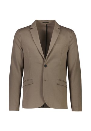 Bruine blazer met een gladde textuur, enkel knoopsluiting, twee voorklauwen en een notch revers. Getailleerde pasvorm, ongevoerd interieur.