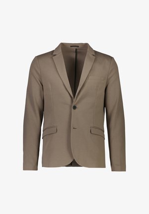 Bruine blazer met een gladde textuur, enkel knoopsluiting, twee voorklauwen en een notch revers. Getailleerde pasvorm, ongevoerd interieur.