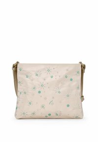 Borsa a spalla beige realizzata in tessuto con ricami floreali turchesi e silver. Presenta un design piatto e una tracolla removibile.