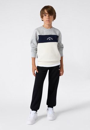 Ragazzo in piedi che indossa un felpa Champion grigia, blu navy e bianca, pantaloni sportivi neri e sneaker bianche contro uno sfondo bianco puro.