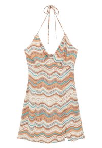 Une robe dos nu avec un motif ondulé en marron, beige et turquoise. Réalisée en tissu léger, avec un décolleté en V et des bretelles à nouer.