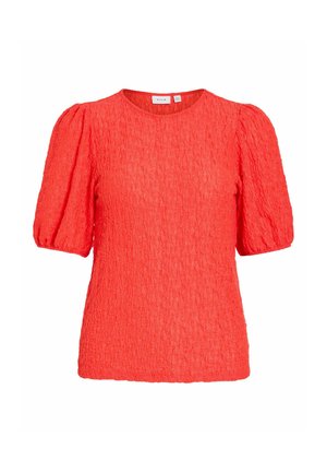 Rød tekstureret kortærmet bluse med puffede ærmer, rund halsudskæring og afslappet pasform.