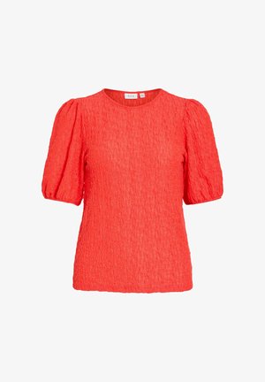 Rote Bluse mit kurzer Texturärmeln, Puffärmeln, rundem Ausschnitt und lockerem Schnitt.