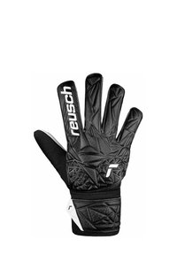 Black goalkeeper glove with textured surface, five fingers, and a Velcro wrist strap; features white logo and intricate patterns.