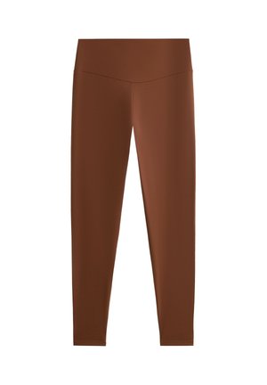 Brune leggings med høj talje og fuld længde, lavet af en glat, strækbar stof uden synlige mønstre eller logoer.