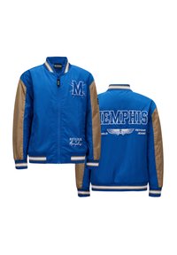 Giubbotto bomber blu con maniche beige, caratterizzato da una "M" ricamata sul davanti e "MEMPHIS" sul retro, oltre a polsi e orlo a costine rigate.