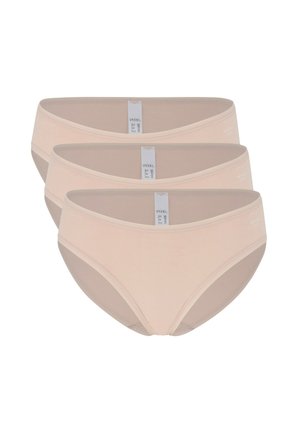 Tre mutande da donna in cotone beige impilate, ciascuna con un'etichetta della taglia visibile all'interno della fascia in vita, taglia EU 38.