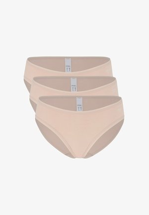 Tre mutande da donna in cotone beige impilate, ciascuna con un'etichetta della taglia visibile all'interno della fascia in vita, taglia EU 38.