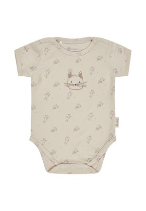 Beige Baby-Body mit kurzen Ärmeln, der ein Katzenkopf-Graphic und ein Blumenmuster zeigt. Druckknöpfe an der Schulter und am Boden sorgen für ein einfaches Anziehen.